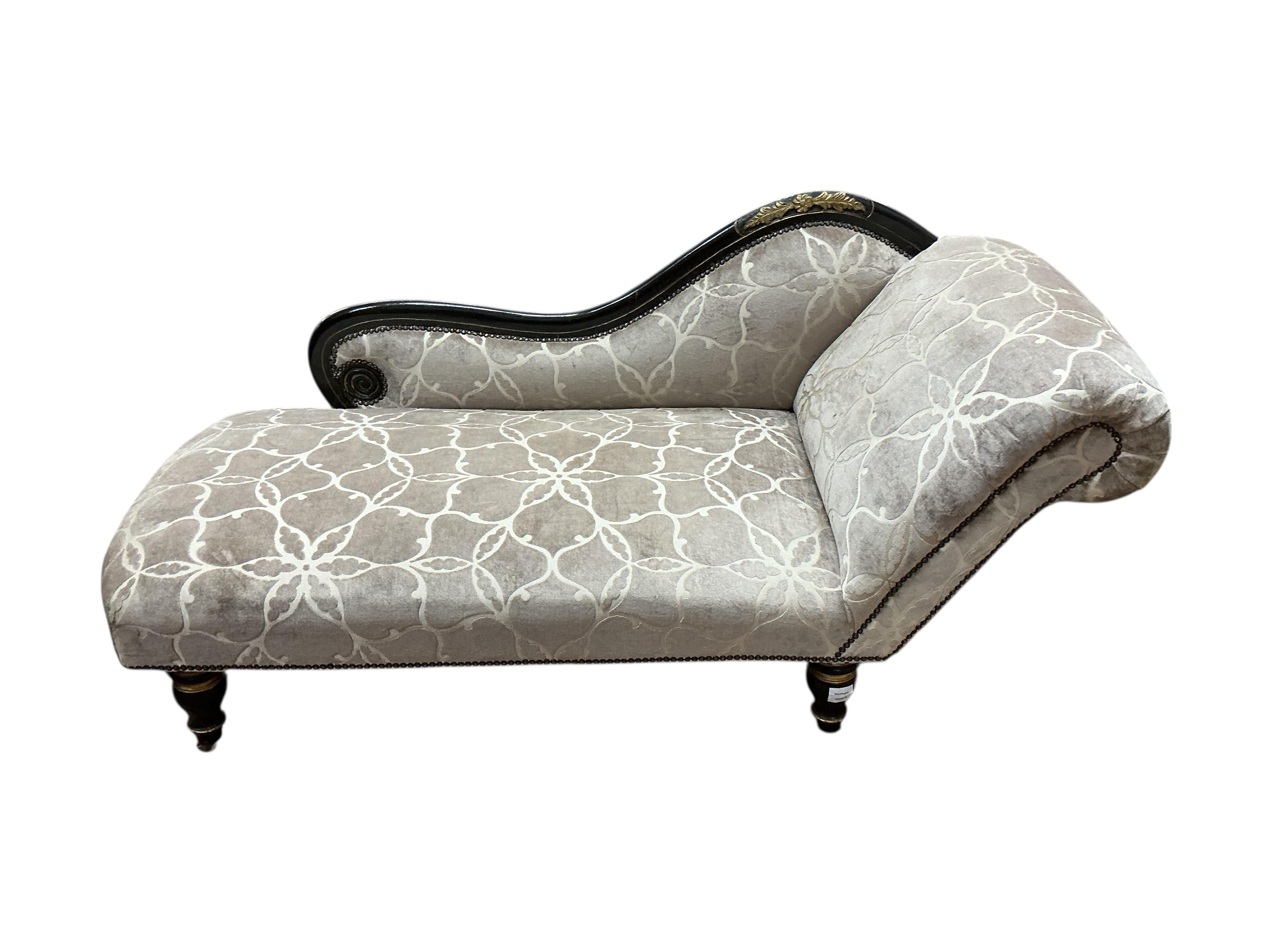 A Victorian upholstered chaise longue, later painted, length 150cm, depth 64cm, height 76cm